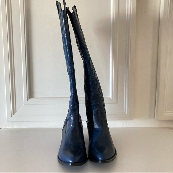 New Free People Jeffery Campbell Blue Leather Finn Tall Western Embroidered Boot - Picture 4 of 8